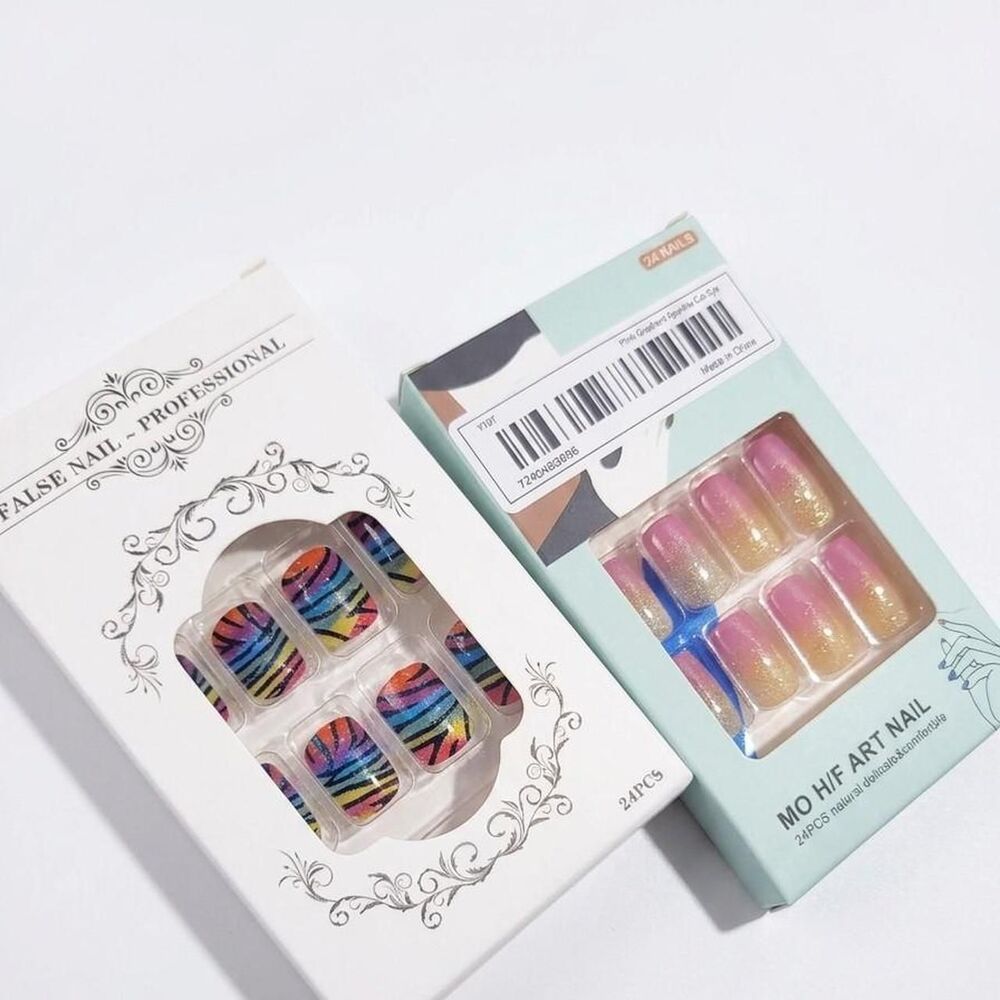 Press On Nails Set Lisa Frank Style Zebra  Stripe and Pink Glitter Ombre NIB
